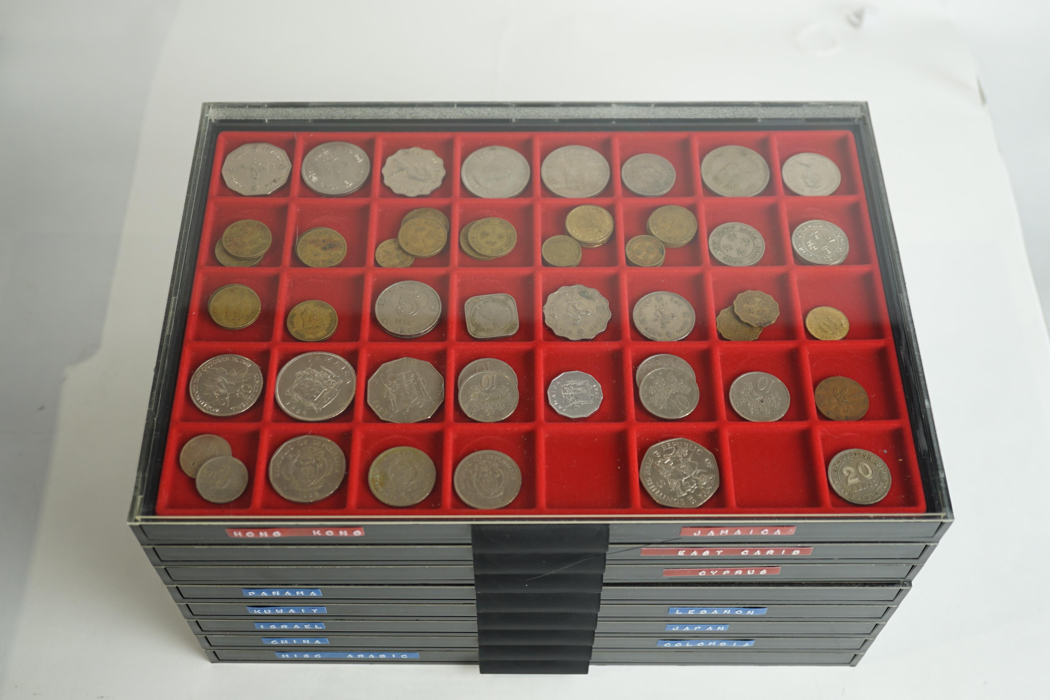 World coins, a collection, mostly 1960s to 1990s, including Hong Kong, Jamaica, Cyprus, Panama, Japan, miscellaneous Arabic, Greece, Germany, Britain, Singapore, South Africa, Ireland, Italy, Spain, Portugal etc., in for